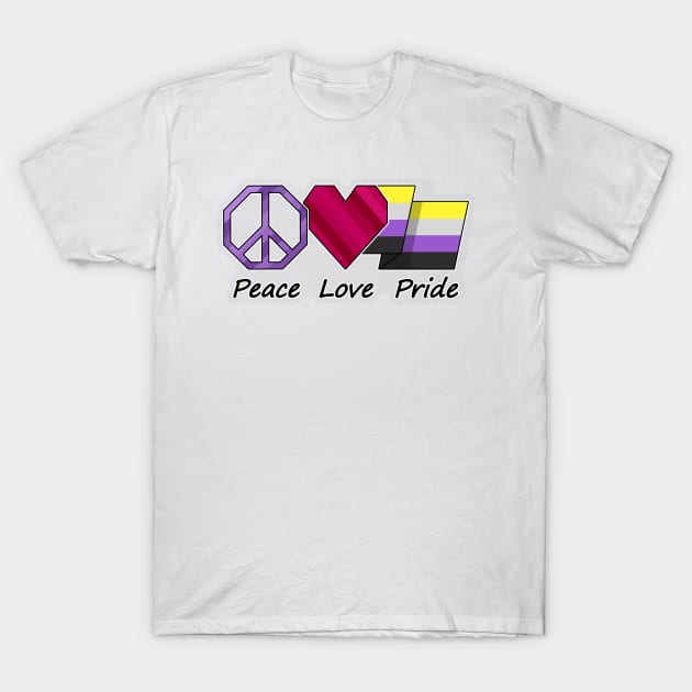 Peace, Love, and Pride design in Non-Binary pride flag colors T-Shirt by LiveLoudGraphics